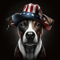 illustration cute dog wearing an American flag hat. independence day 4th of July dog. Cute baby dog in hat. photo