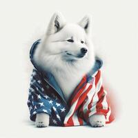 samoyed cute dog wearing an American flag hoodie. independence day 4th of July dog. Cute baby dog in hoodie. photo