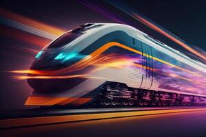 a futuristic train is moving along a city street with long exposures of the lights on the train and the building behind the train. the futuristic transportation system, high-speed train. photo