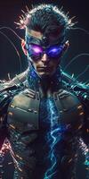 Portrait of a young cyborg man with futuristic color metal virtual reality glasses, cyborg man Augmented Reality, and futuristic vision 3d. Non-existent person. photo