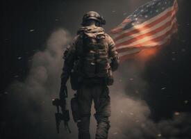 4to de julio concepto retrato de un soldado en frente de un bandera de el EE.UU. el soldado con el pistola en frente de un bandera. retrato soldado en pie en frente de Estados Unidos bandera. inexistente persona. generativo ai foto