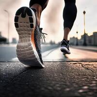 de cerca de un del corredor zapato en acción. uno pie en el suelo firmemente, y el otro lado levantado a preparar a subir y remontarse, correr. inexistente persona. generativo ai foto