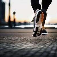 Close-Up of a Runner's Shoe in Action. one foot on the ground firmly, and the other side lifted to prepare to rise and soar, running. Non-existent person. photo