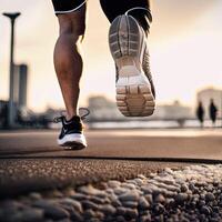 de cerca de un del corredor zapato en acción. uno pie en el suelo firmemente, y el otro lado levantado a preparar a subir y remontarse, correr. inexistente persona. generativo ai foto