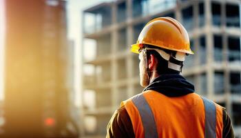 construcción concepto. a espalda de el construcción trabajador cabeza cuales es vistiendo el la seguridad casco y comprobación trabajo a el construcción sitio. inexistente persona. generativo ai foto