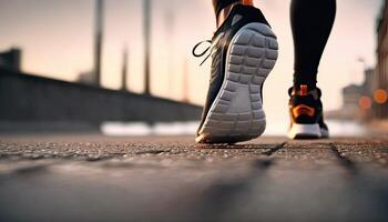 Close-Up of a Runner's Shoe in Action. one foot on the ground firmly, and the other side lifted to prepare to rise and soar, running. Non-existent person. photo