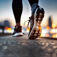 Close-Up of a Runner's Shoe in Action. one foot on the ground firmly, and the other side lifted to prepare to rise and soar, running. Non-existent person. photo