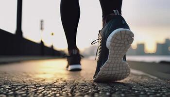 de cerca de un del corredor zapato en acción. uno pie en el suelo firmemente, y el otro lado levantado a preparar a subir y remontarse, correr. inexistente persona. generativo ai foto