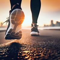 Close-Up of a Runner's Shoe in Action. one foot on the ground firmly, and the other side lifted to prepare to rise and soar, running. Non-existent person. photo