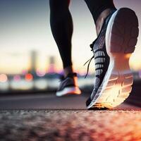 Close-Up of a Runner's Shoe in Action. one foot on the ground firmly, and the other side lifted to prepare to rise and soar, running. Non-existent person. photo