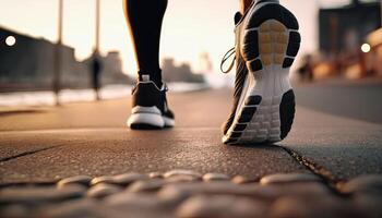 Close-Up of a Runner's Shoe in Action. one foot on the ground firmly, and the other side lifted to prepare to rise and soar, running. Non-existent person. photo