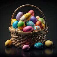 Easter Basket with easter eggs. Colorful Easter Egg Basket. Easter eggs with black background. photo