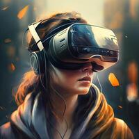 Woman wearing virtual reality goggles standing in virtual world background. Concept of virtual reality technology. Non-existent person. photo