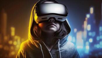 Woman wearing virtual reality goggles standing in virtual world background. Concept of virtual reality technology. Non-existent person. photo