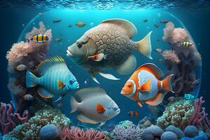 illustration of underwater life with various kinds of coral reef fish, made by technology photo