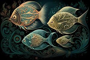 illustration of underwater life with various kinds of coral reef fish, made by technology photo