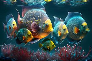 illustration of underwater life with various kinds of coral reef fish, made by technology photo