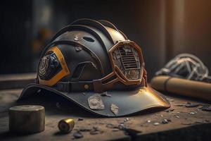 A hard hat and safety equipment to represent the construction industry photo