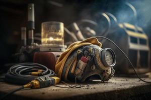 A set of welding tools or safety equipment to represent the field of welding or manufacturing photo