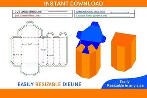 Corrugated Hexagon gift box, cosmetic die cut template and 3D vector file Box dieline and 3D box