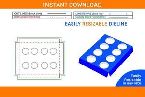 8 hole insert cupcake boxes Dieline template and 3D 8 hole insert design Box dieline and 3D box vector