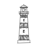 Hand drawn black color lighthouse. Engraving style art. Doodle sketch. vector