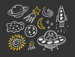 Space doodle set elements. Hand drawn comic cartoon sketch. vector