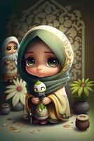 muslim little girl is praying made by technology photo