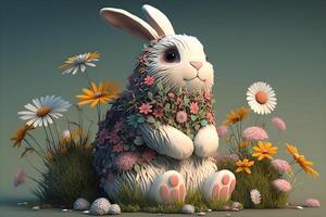 Animated bunny with flowers around created by technology photo