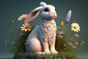 Animated bunny with flowers around created by technology photo