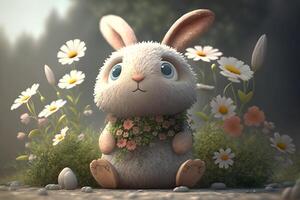 Animated bunny with flowers around created by technology photo