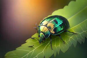 beetle on a green leaf made by generative Ai technology photo