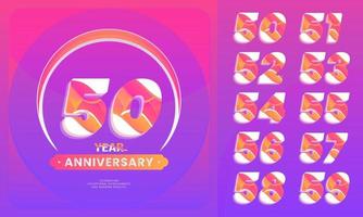 número conjuntos 50-59 año aniversario celebracion. logotipo estilo con escritura Violeta color para celebracion evento, boda, saludo tarjeta, vector