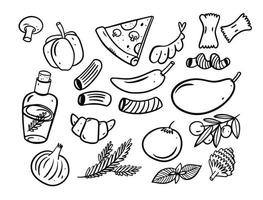 Food doodle elements line art style set. Hand drawn black color. vector