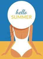 An elegant woman in a white swimsuit and a large hat is sitting on the beach. Hello summer. Summer holiday concept.Vector vector