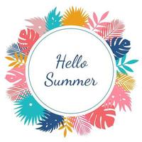 Round summer design with the inscription Hello summer. Tropical leaves in the background. Banner for discounts, sales. Website design, labels, brochures. Vector