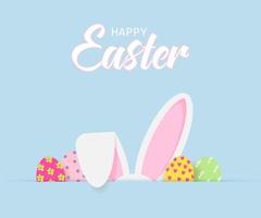 Easter greeting card with bunny ears and eggs on a blue background. Vector . Easter greeting card