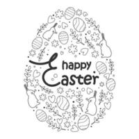 Easter Egg . Pattern with the image of rabbits, eggs, branches in the form of an Easter egg with an inscription in the middle. Pattern in dark editable stroke. Vector