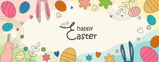 Easter background. Banner with the image of rabbit ears, eggs, flowers hidden in green grass in an editable stroke. Merry Easter pattern with transparency elements.Trendy design. Vector