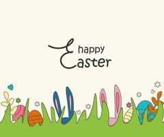 Easter background. Horizontal banner with the image of rabbit ears, eggs, flowers hidden in green grass in an editable stroke.Trendy design. Vector