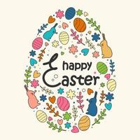 Color pattern with the image of rabbits, eggs, branches in the form of an Easter egg with an inscription in the middle. Pattern with dark editable stroke. Applicable for  design. Vector