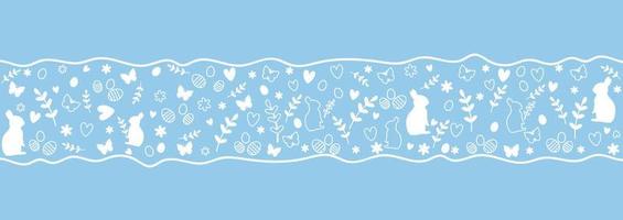 Easter ornament.Pattern with the image of rabbits, Easter eggs, butterflies and flowers on a blue background in a white stroke. vector