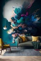 room interior with small chairs and table with colorful smoke wall made with technology photo