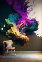 room interior with small chairs and table with colorful smoke wall made with technology photo