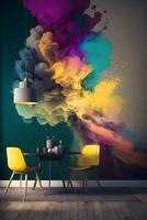 room interior with small chairs and table with colorful smoke wall made with technology photo