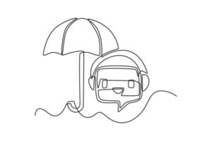 Single one-line drawing protection concept of a robot and an umbrella. Chatbot concept continuous line draw design graphic vector illustration