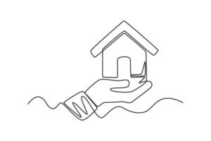 Continuous one-line drawing property insurance icon a hand holding a house. Insurance concept single line draws design graphic vector illustration