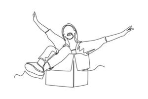 Continuous one-line drawing a woman laughing in a cardboard box. World laughing day concept single line draws design graphic vector illustration