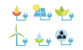 Electricity generation source types. Energy mix solar, water, fossil, wind, coal, and biomass. Renewable power plants station resources. vector