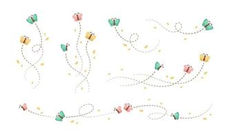 Flying Butterfly trail with dashed line route set. Nature Spring Summer Doodle Illustration Design Element vector